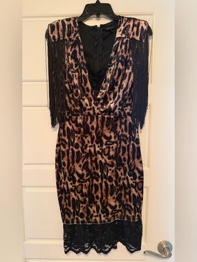 Symphony Leopard-Print One-Shoulder Fringe Dress in Brown and Black